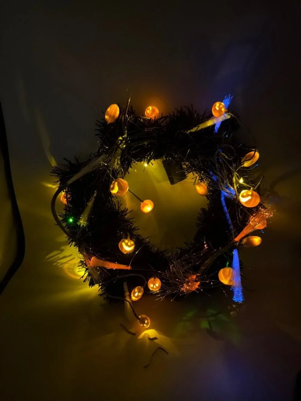 Halloween LED Fiber Optic Black Wreath With Orange Pumpkin Decorations 16 Inches